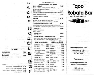 Qoo Robata Bar - menu - 367 Metropolitan Ave - Brooklyn, NY 11211 - (718) 384-9493