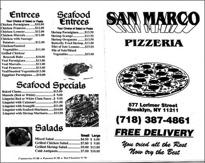 San Marco Pizzeria - the menu - 577 Lorimer Street, Brooklyn, NY 11211 - (718) 387-4861