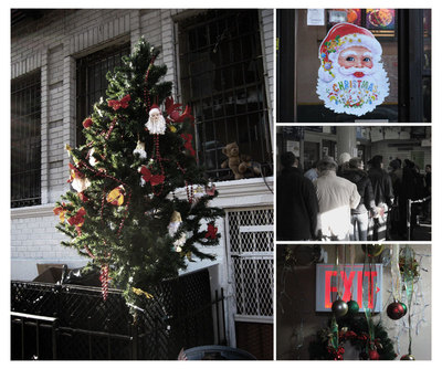 A Christmas in Williamsburg, Brooklyn: A Christmas tree decorates the garbage bins in front of 331 Keap Street, a Santa decoration on the door of a Chinese take out establishment on Marcy and Broadway, the long lines at the Williamsburg Post Office, and hallway decorations at 331 Keap Street.